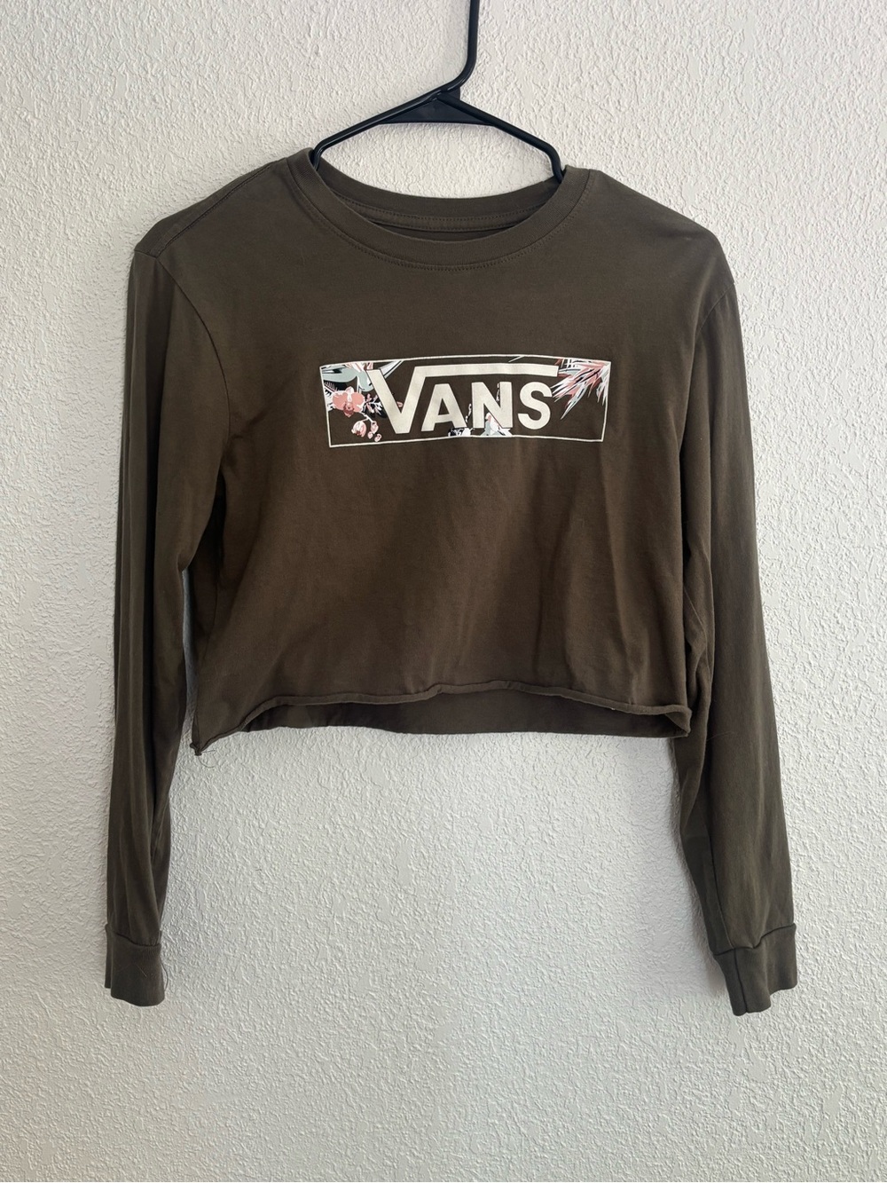 Vans Olive Green Cropped Long-Sleeve Tee with Floral Logo